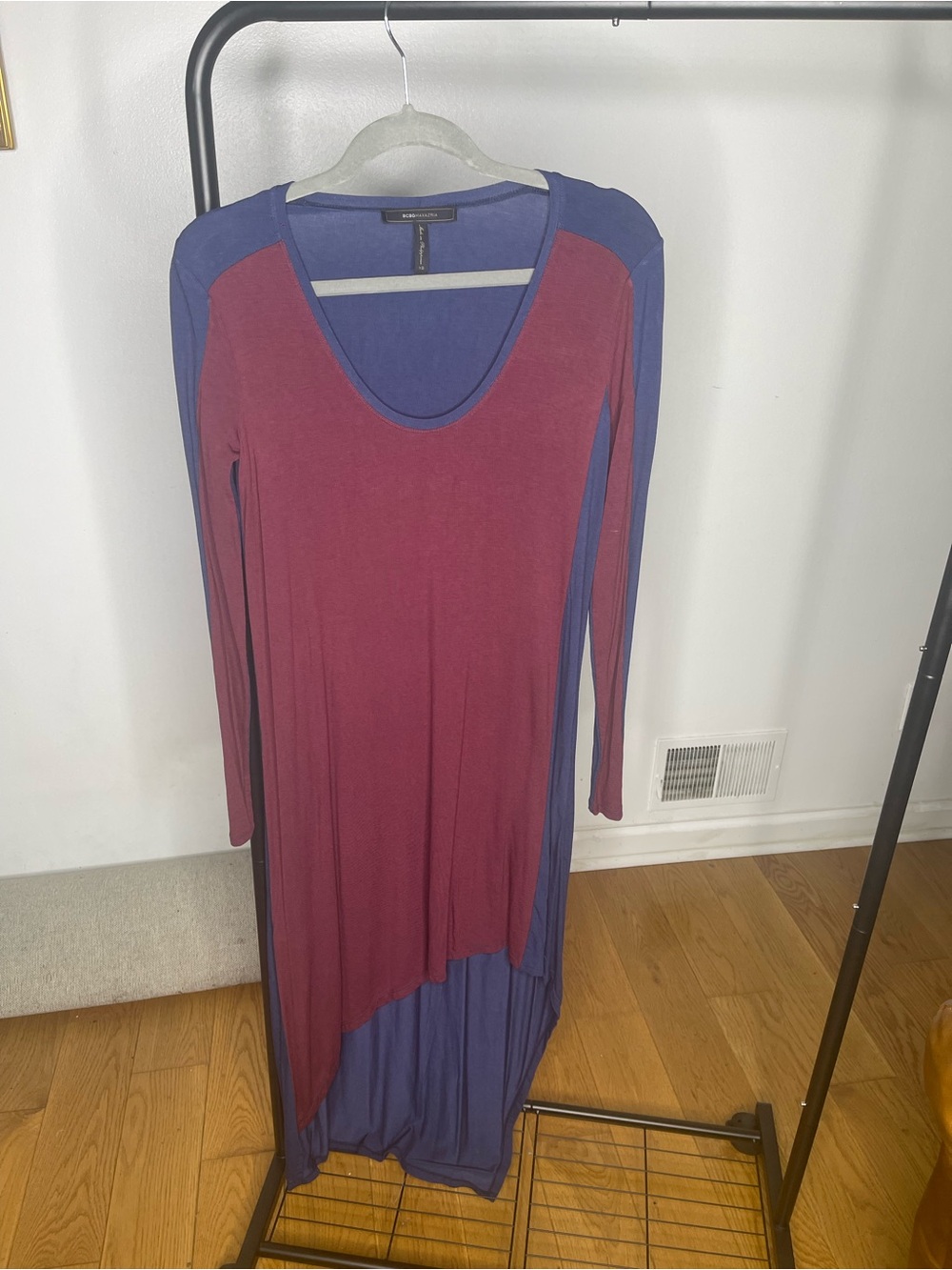 BCBGMaxAzria Two-Tone Asymmetrical High-Low Dress in Burgundy & Blue